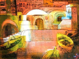 080BG - Tre Barche gialle - cm. 50x70 - Litografia (Lithography)